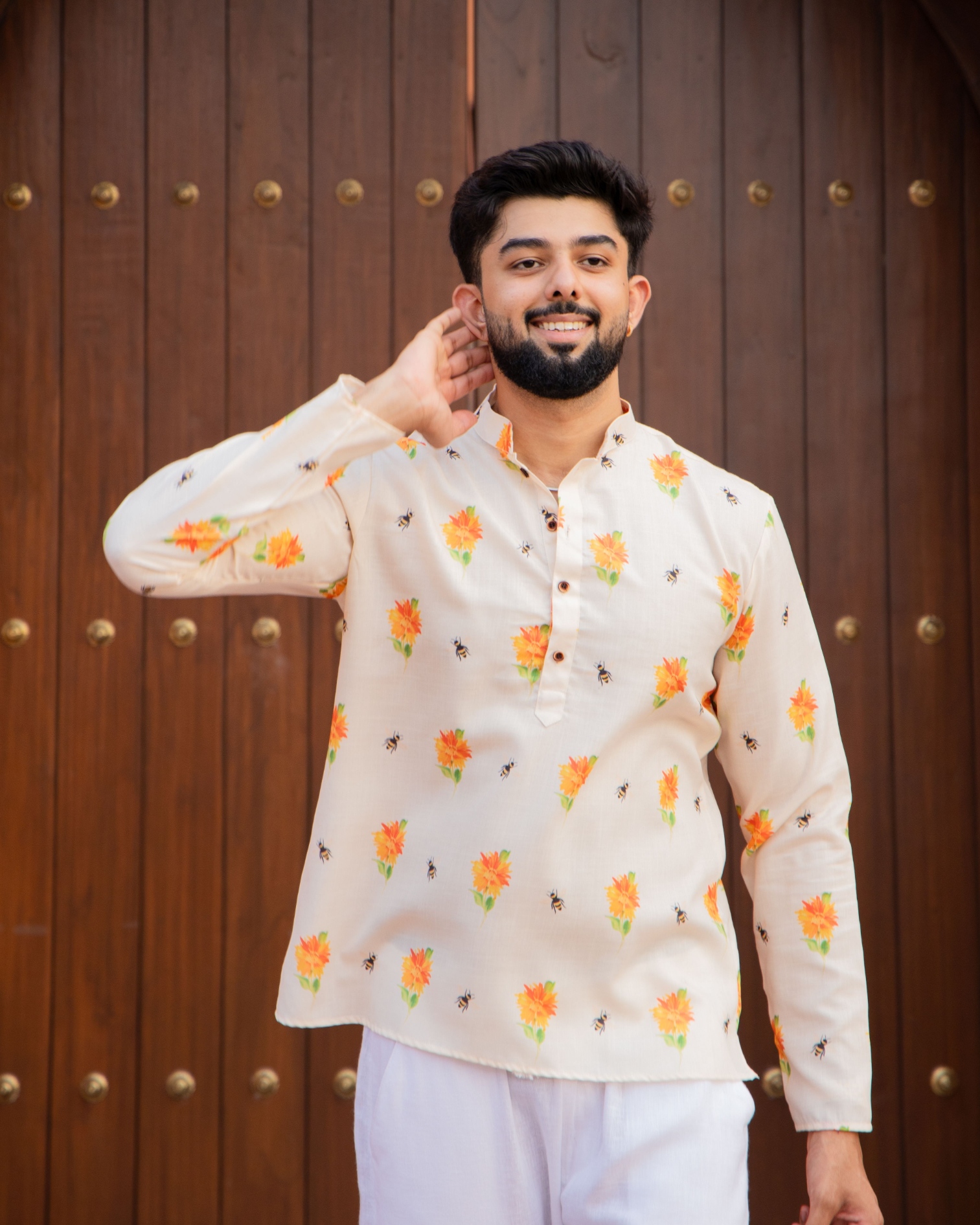 Cream Multicolor Motif Printed Swiss Linen Short Kurta