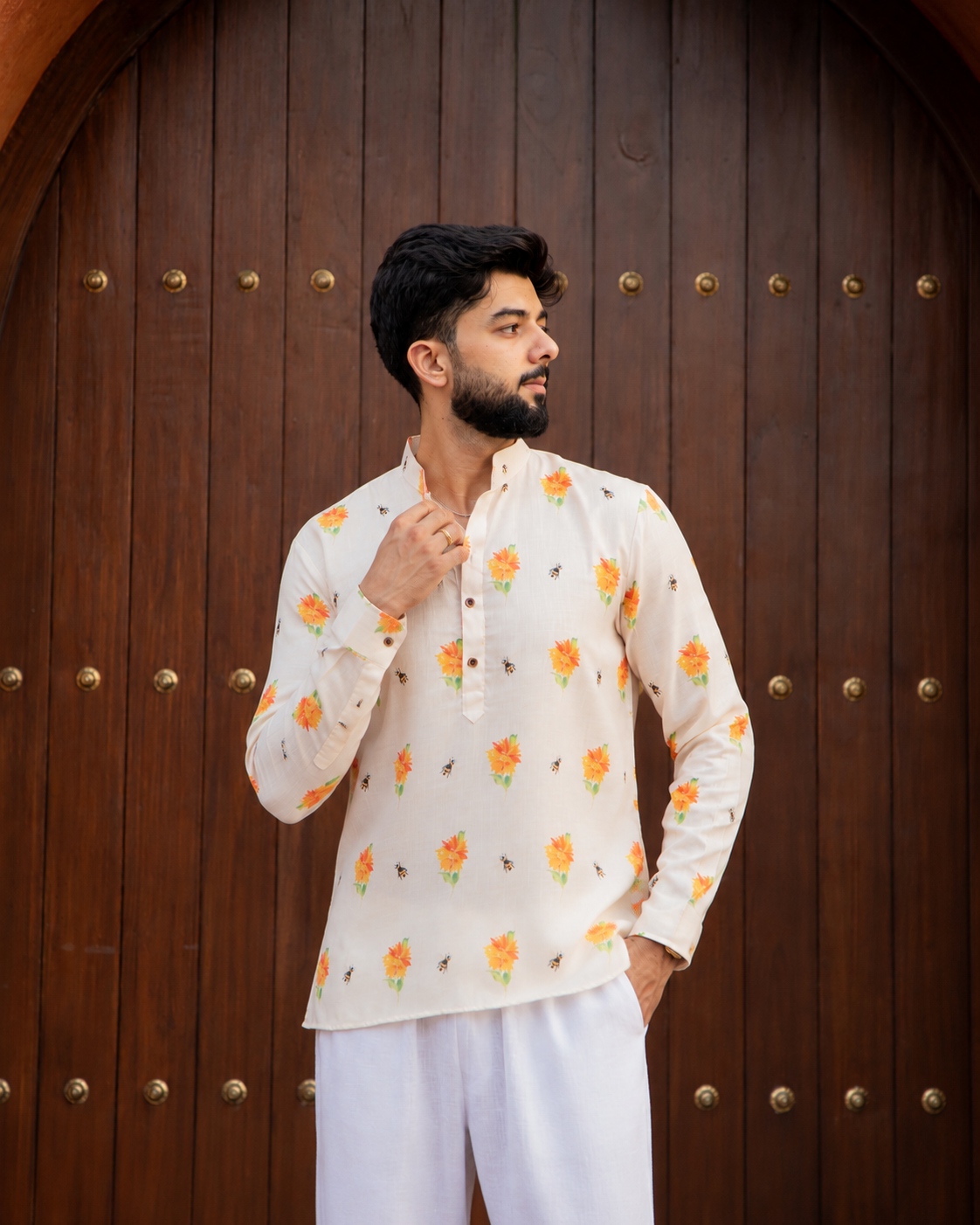 Cream Multicolor Motif Printed Swiss Linen Short Kurta
