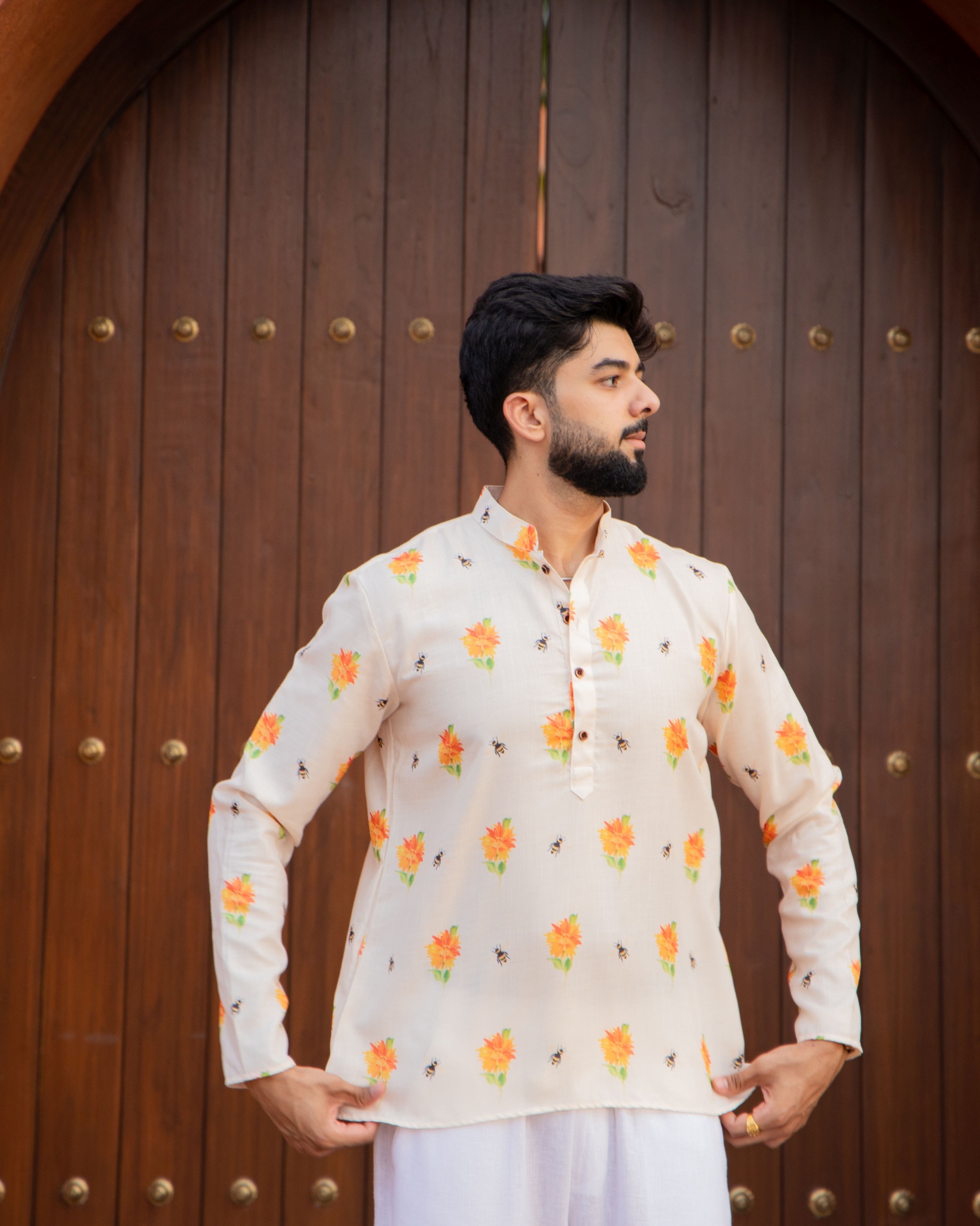 Cream Multicolor Motif Printed Swiss Linen Short Kurta