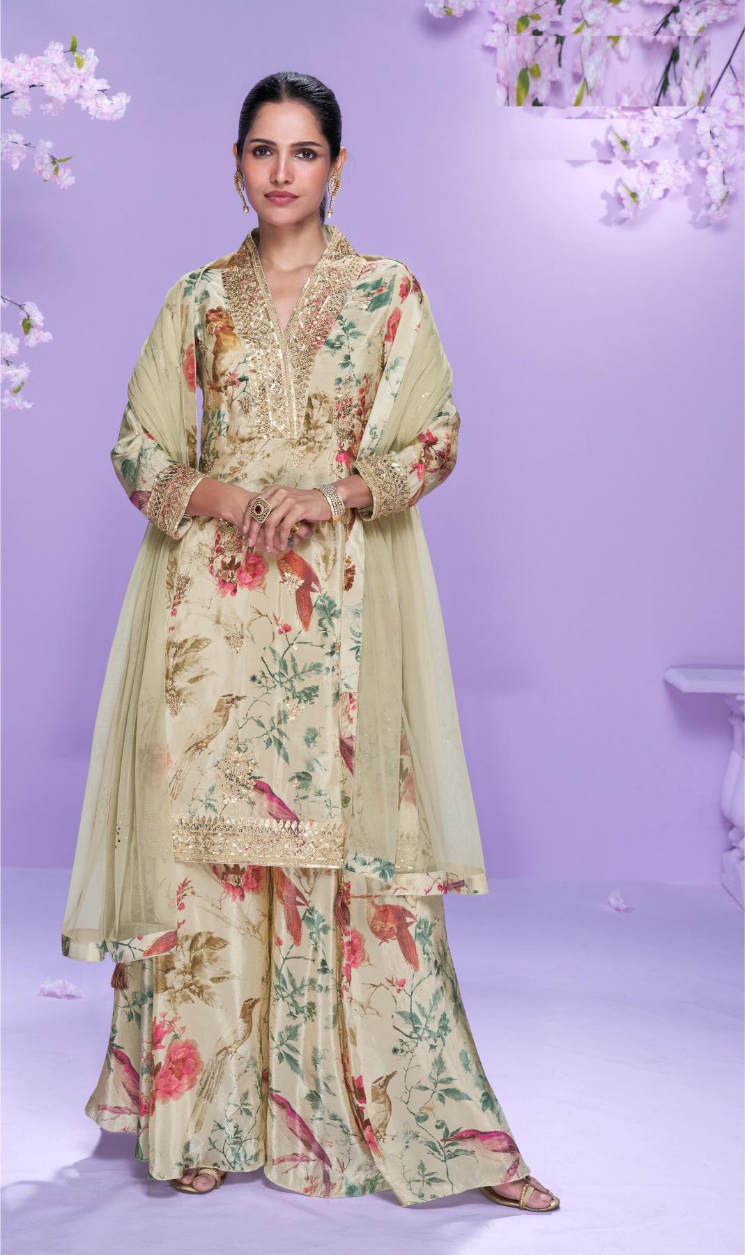 Cream N Cream Chinnon Palazzo Suit