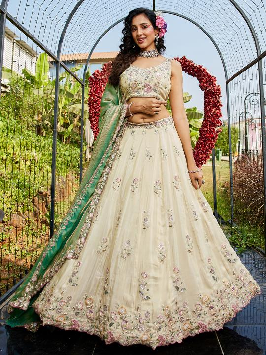 Cream N Green Party Wear Lehenga