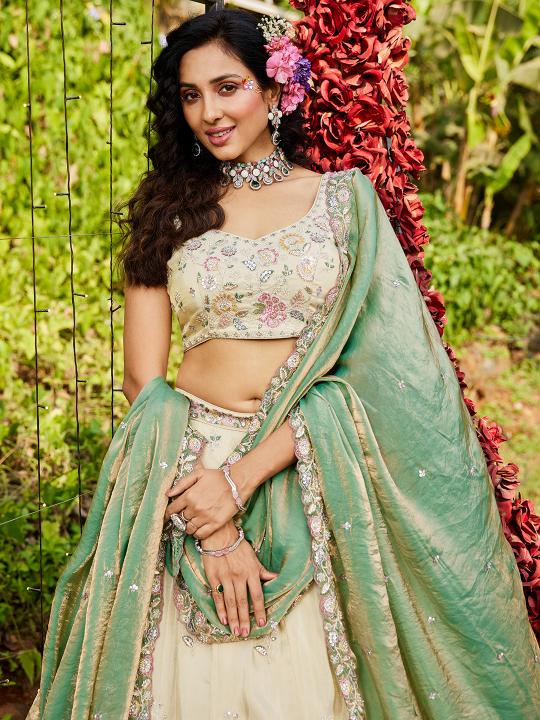 Cream N Green Party Wear Lehenga