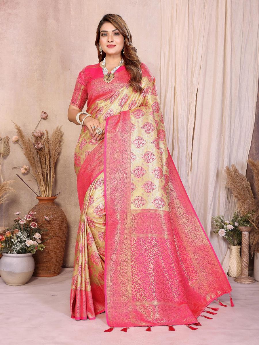 Cream N Pink Banarasi Tissue Silk Saree