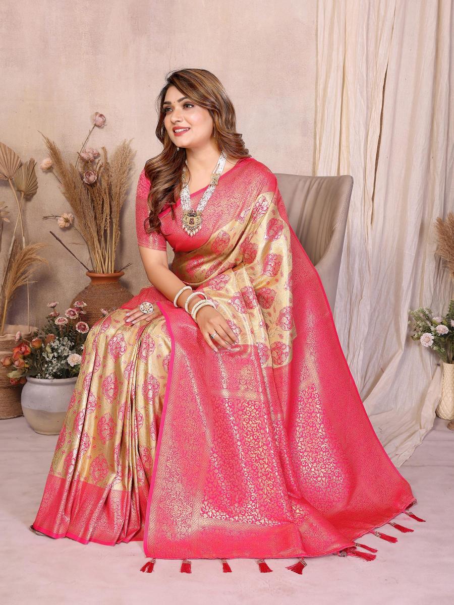 Cream N Pink Banarasi Tissue Silk Saree