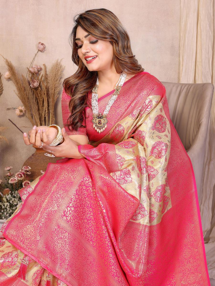 Cream N Pink Banarasi Tissue Silk Saree