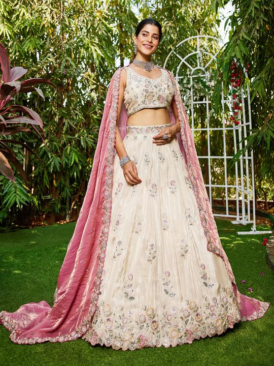 Cream N Pink Party Wear Lehenga