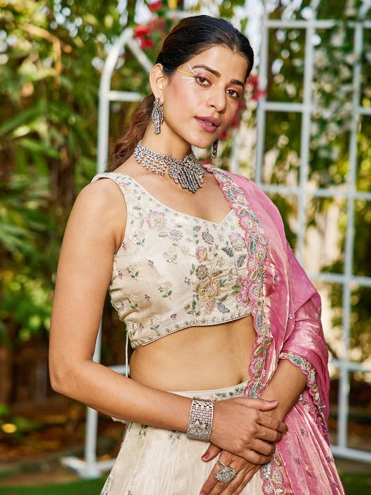 Cream N Pink Party Wear Lehenga