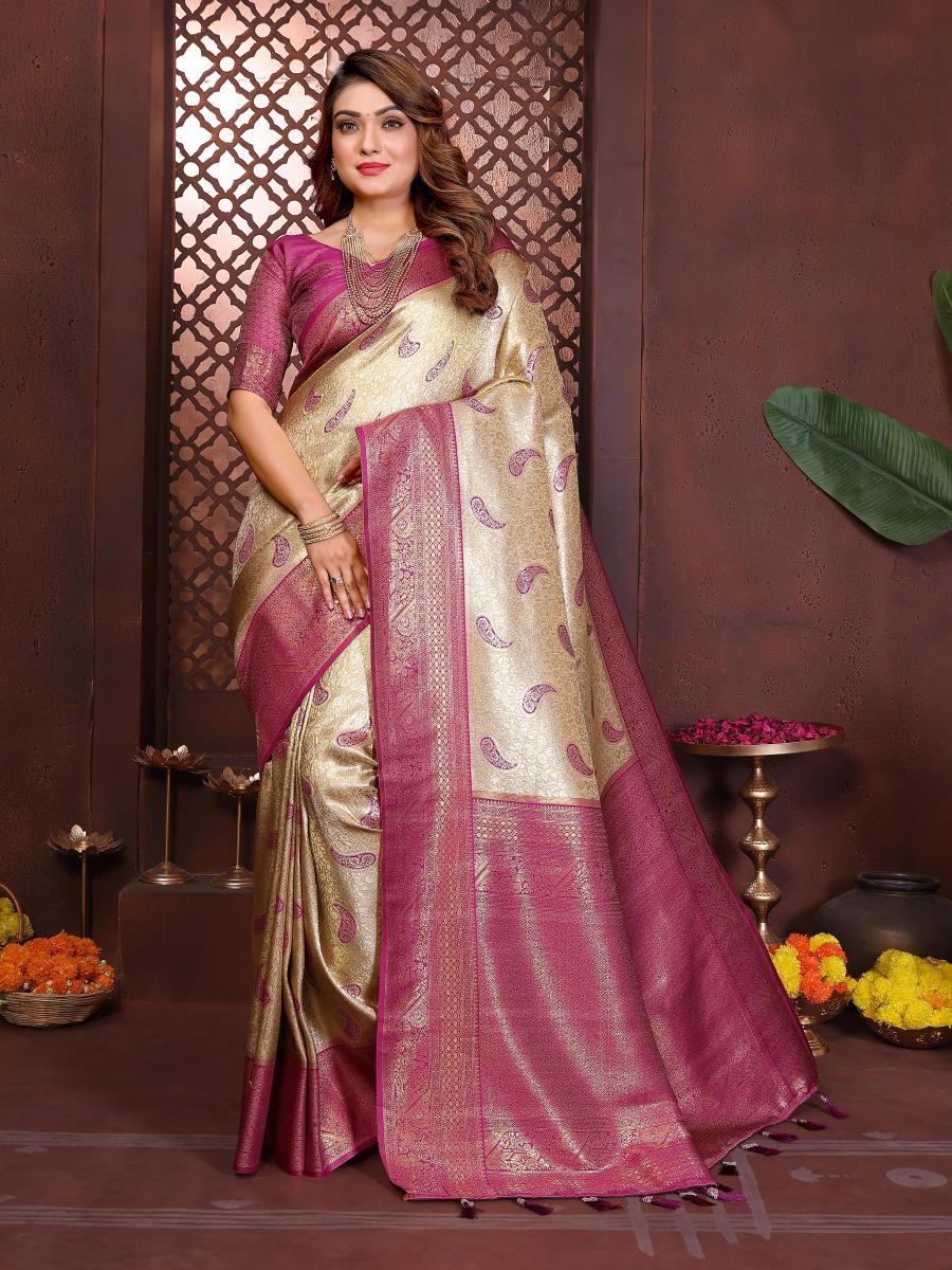 Cream N Purple Banarasi Tissue Silk Saree