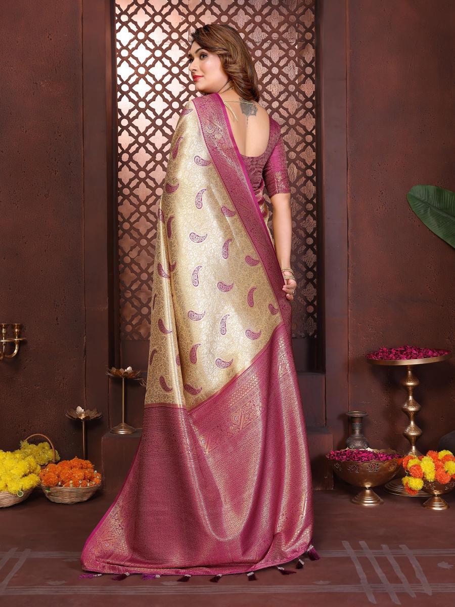 Cream N Purple Banarasi Tissue Silk Saree — alternate view