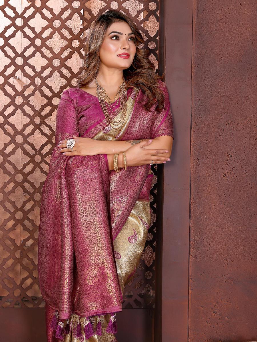 Cream N Purple Banarasi Tissue Silk Saree