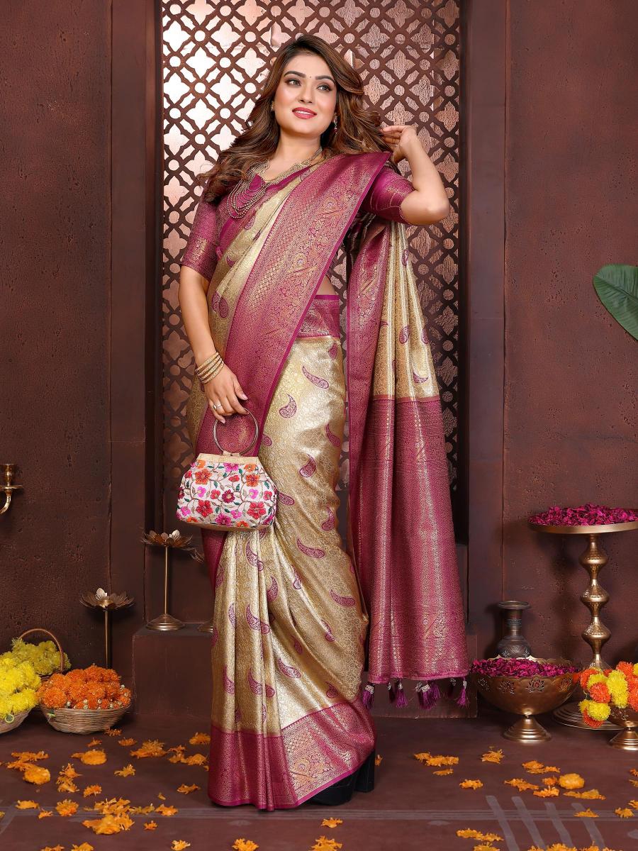 Cream N Purple Banarasi Tissue Silk Saree
