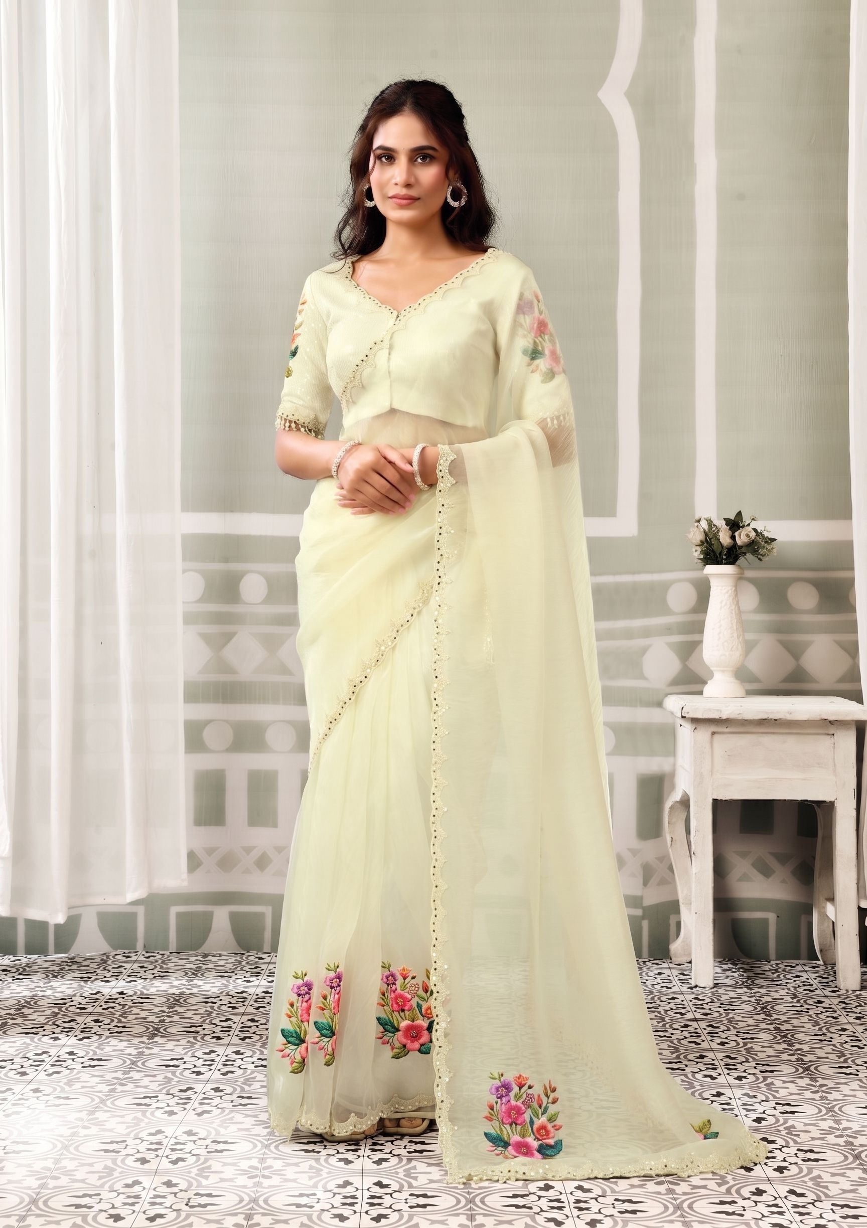 Cream Organza Satin Embroidered Saree