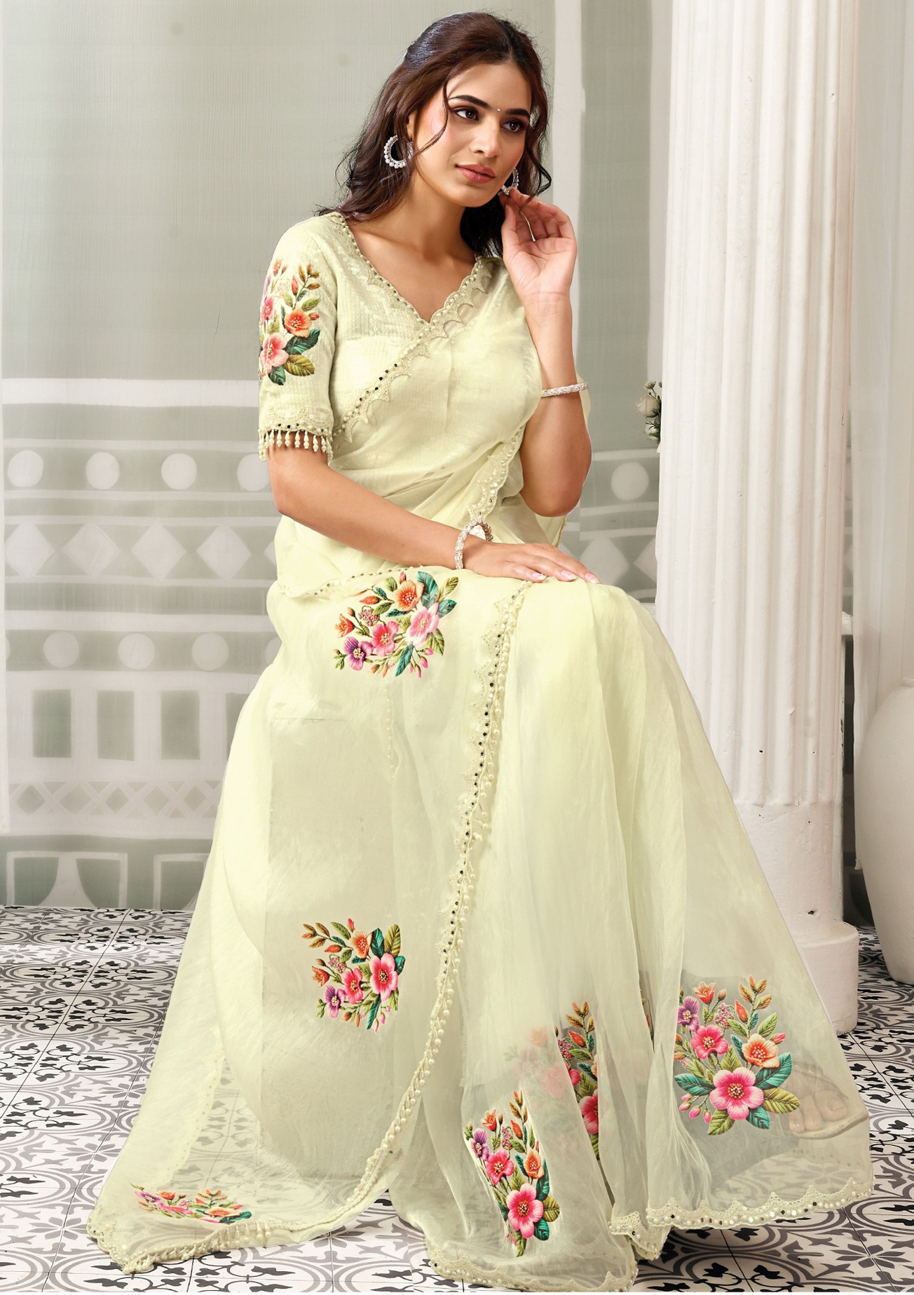 Cream Organza Satin Embroidered Saree — alternate view