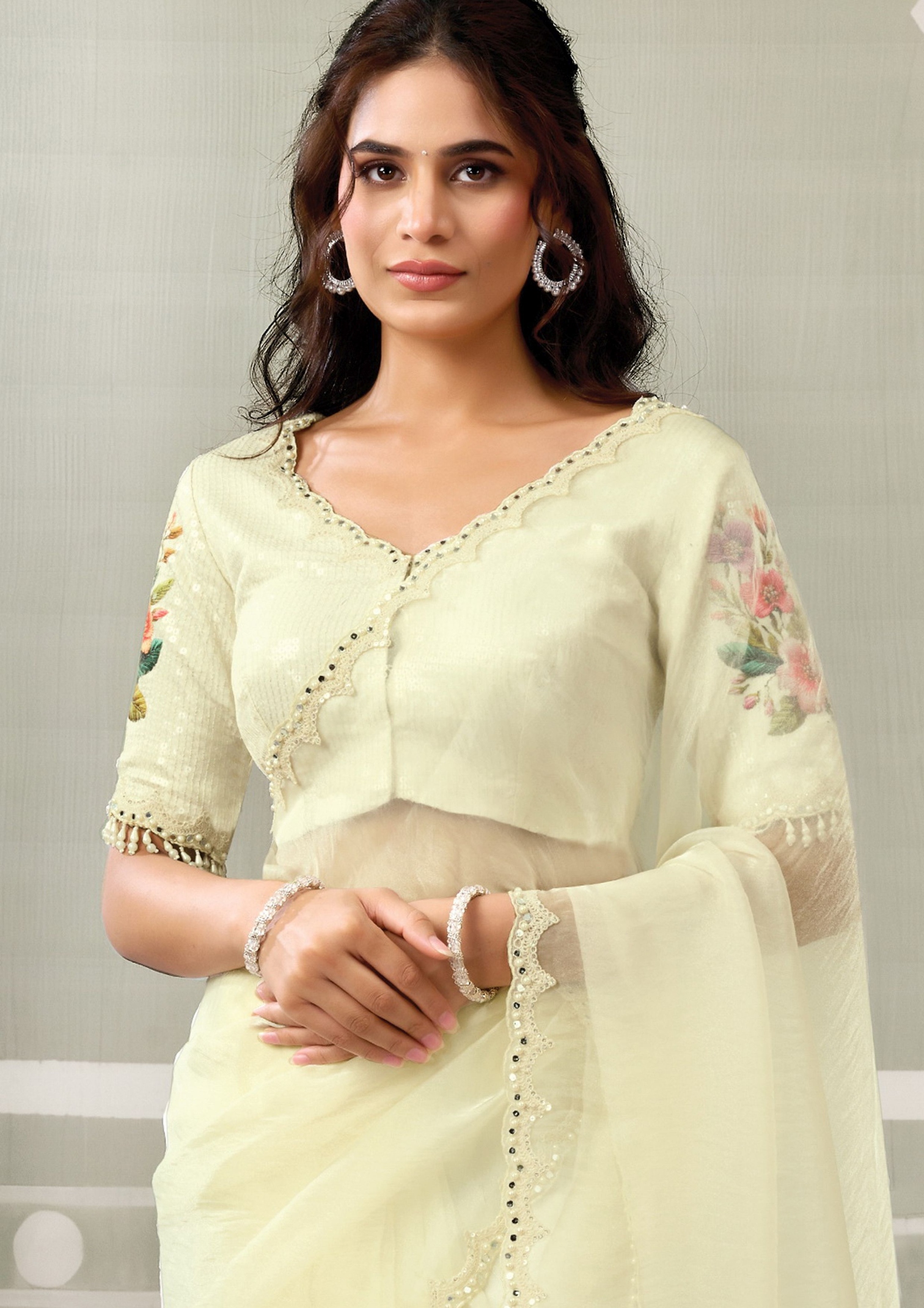 Cream Organza Satin Embroidered Saree