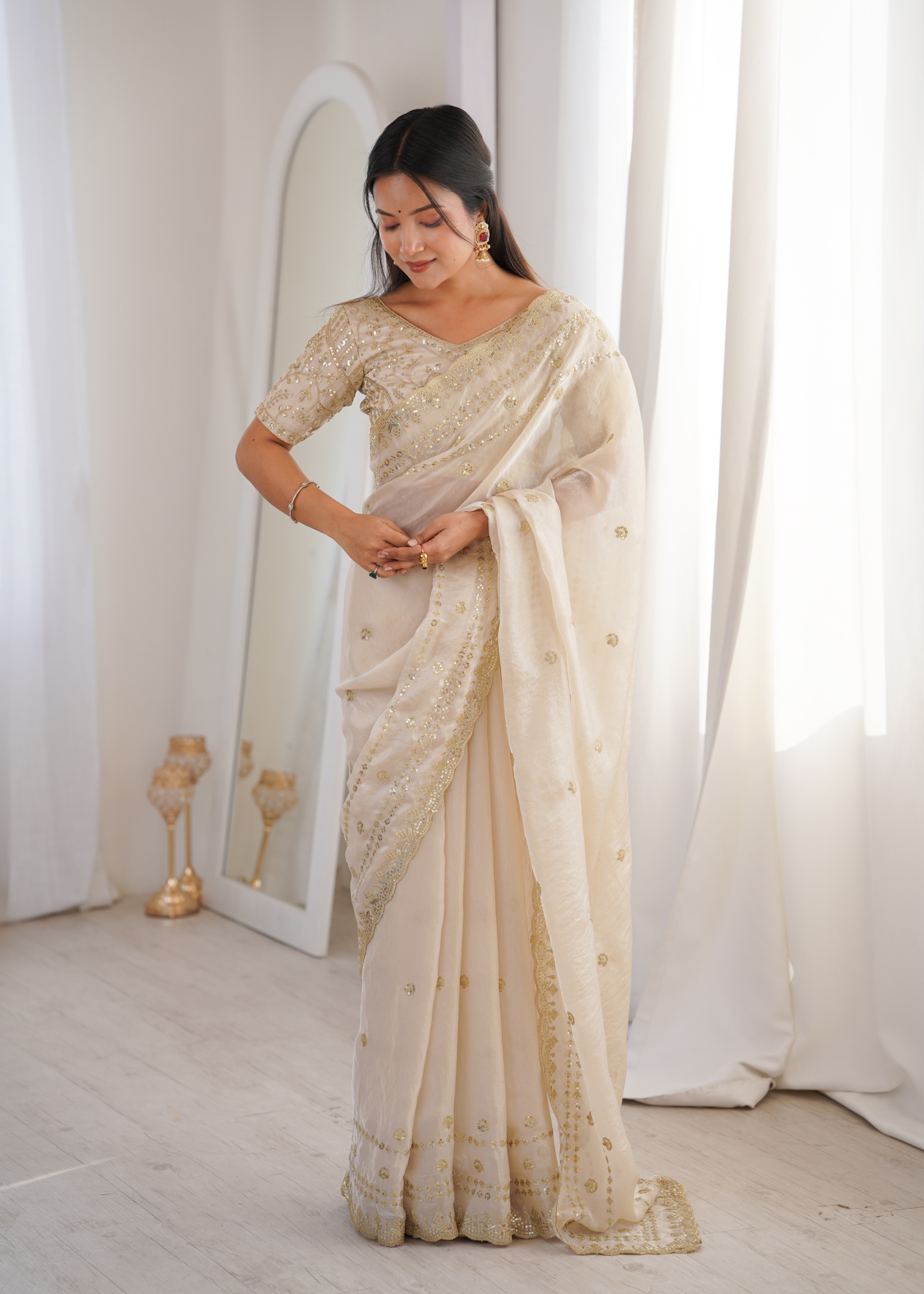 Cream Ornamental Sequin Fendy Satin Saree