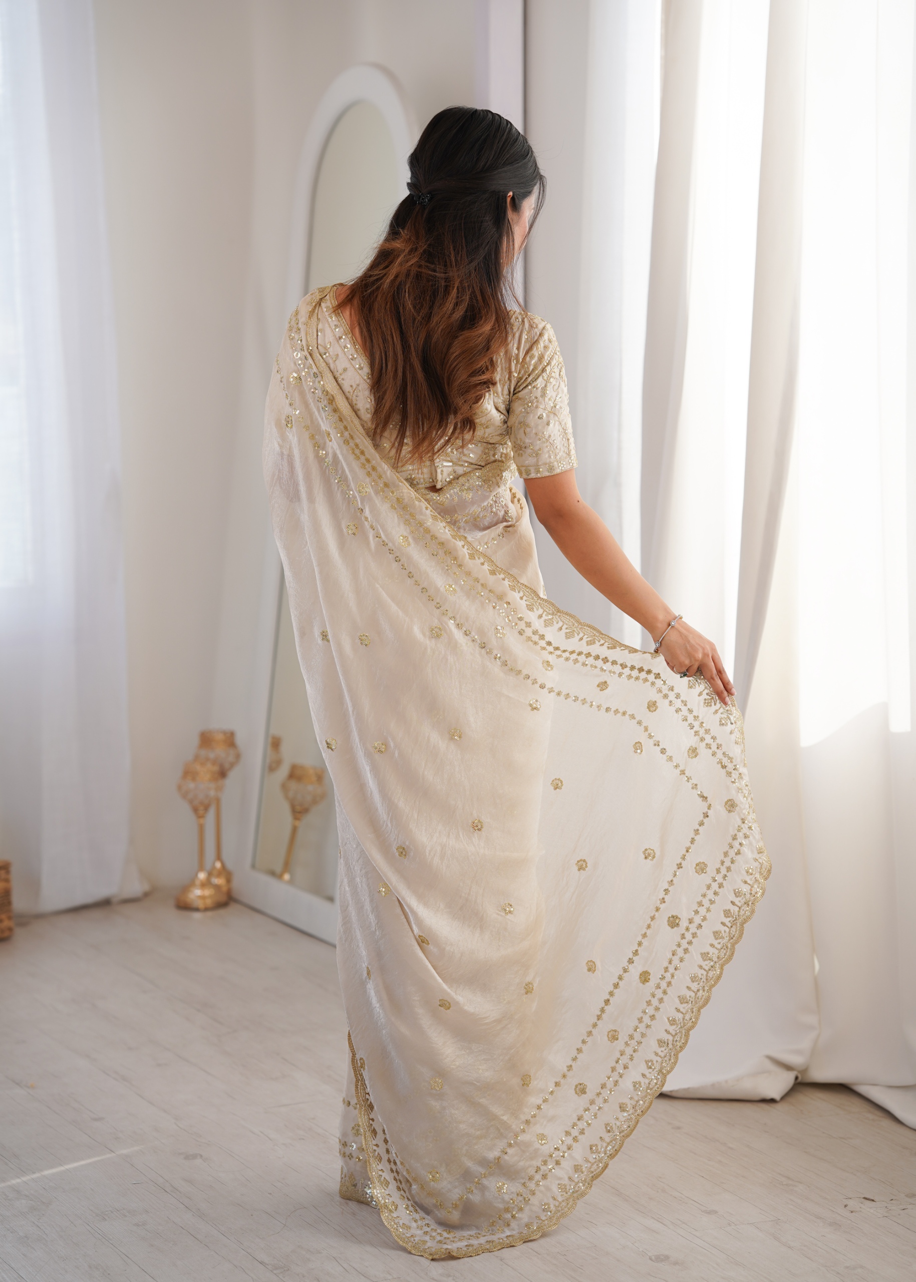 Cream Ornamental Sequin Fendy Satin Saree — alternate view