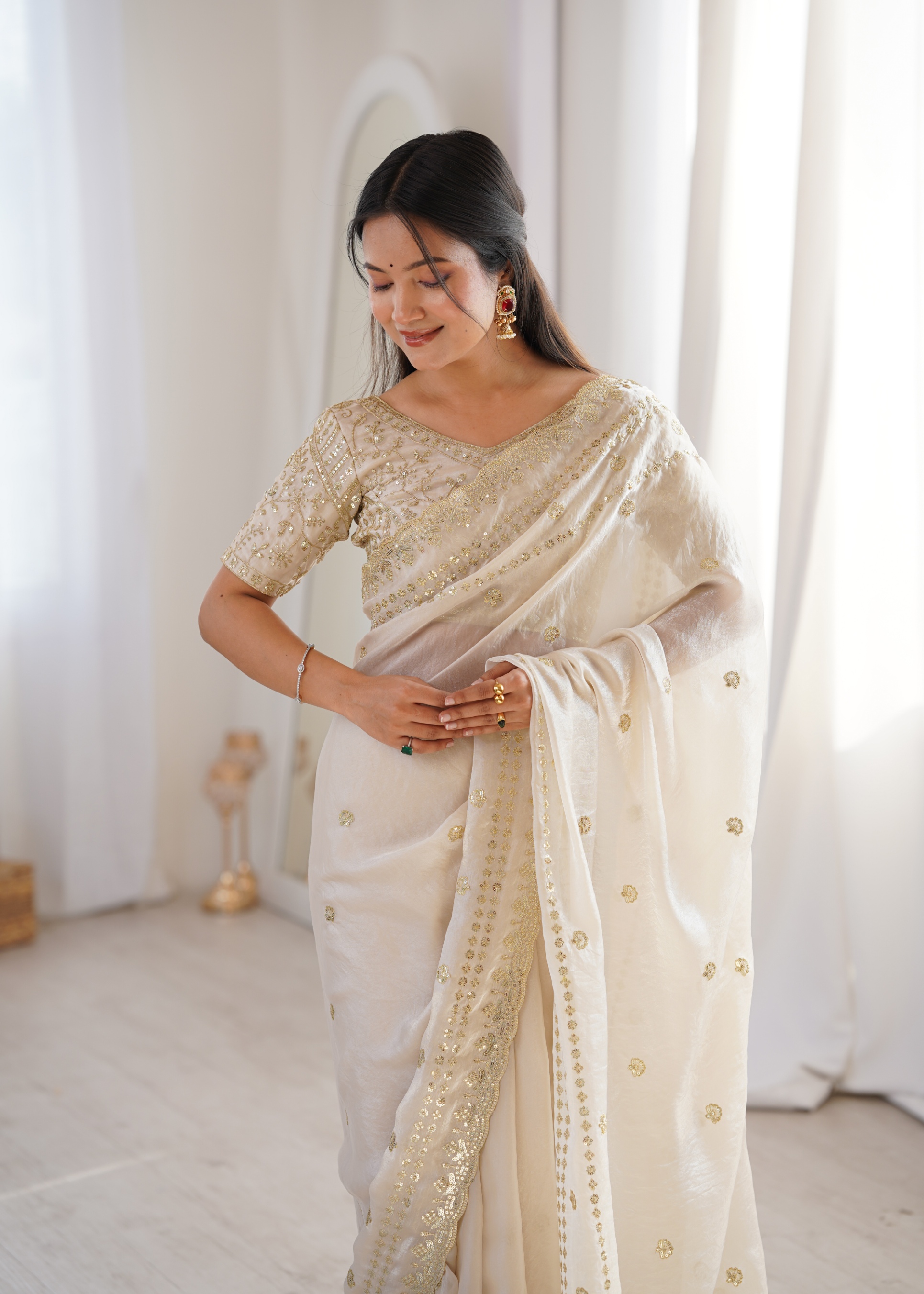Cream Ornamental Sequin Fendy Satin Saree