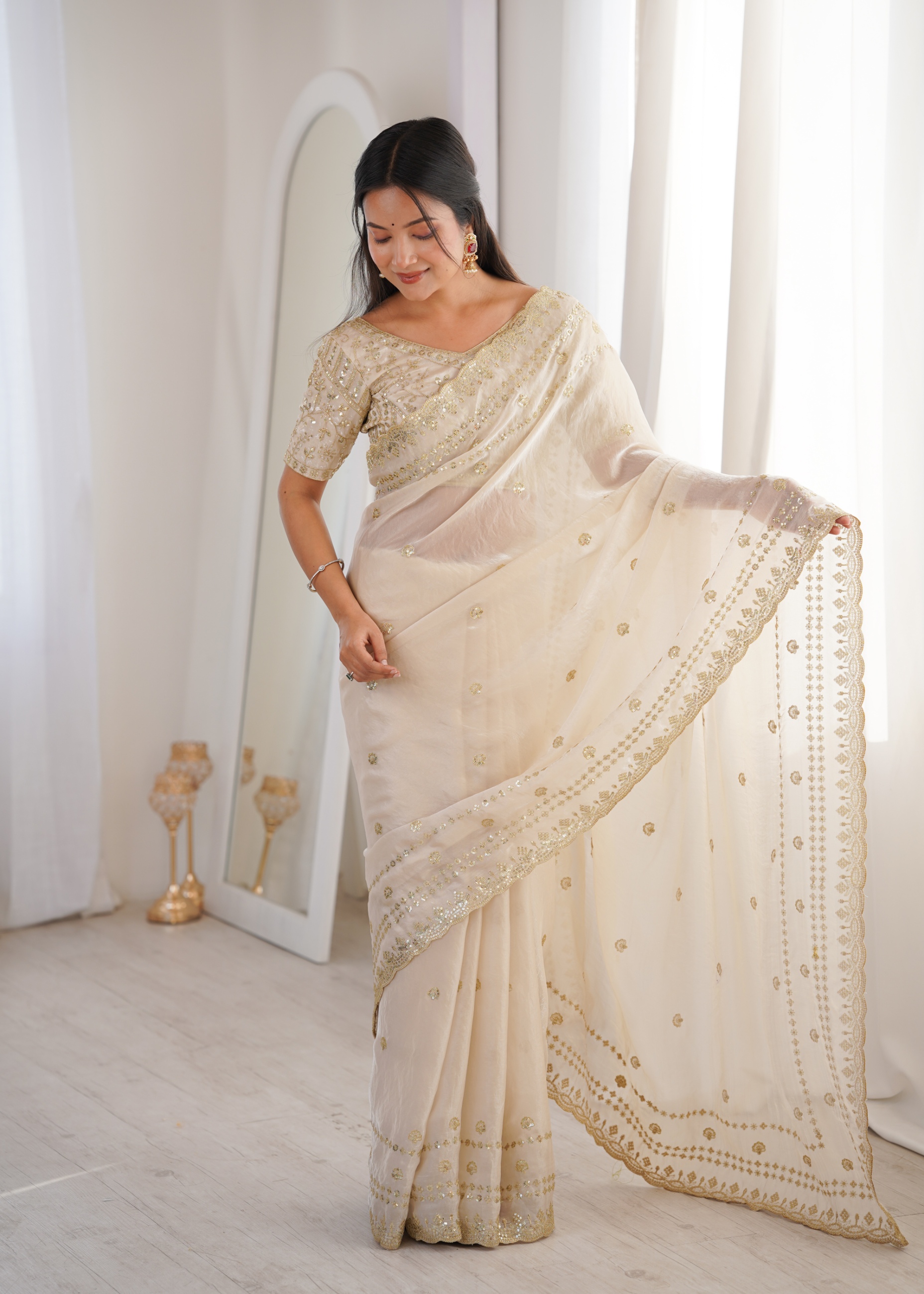 Cream Ornamental Sequin Fendy Satin Saree