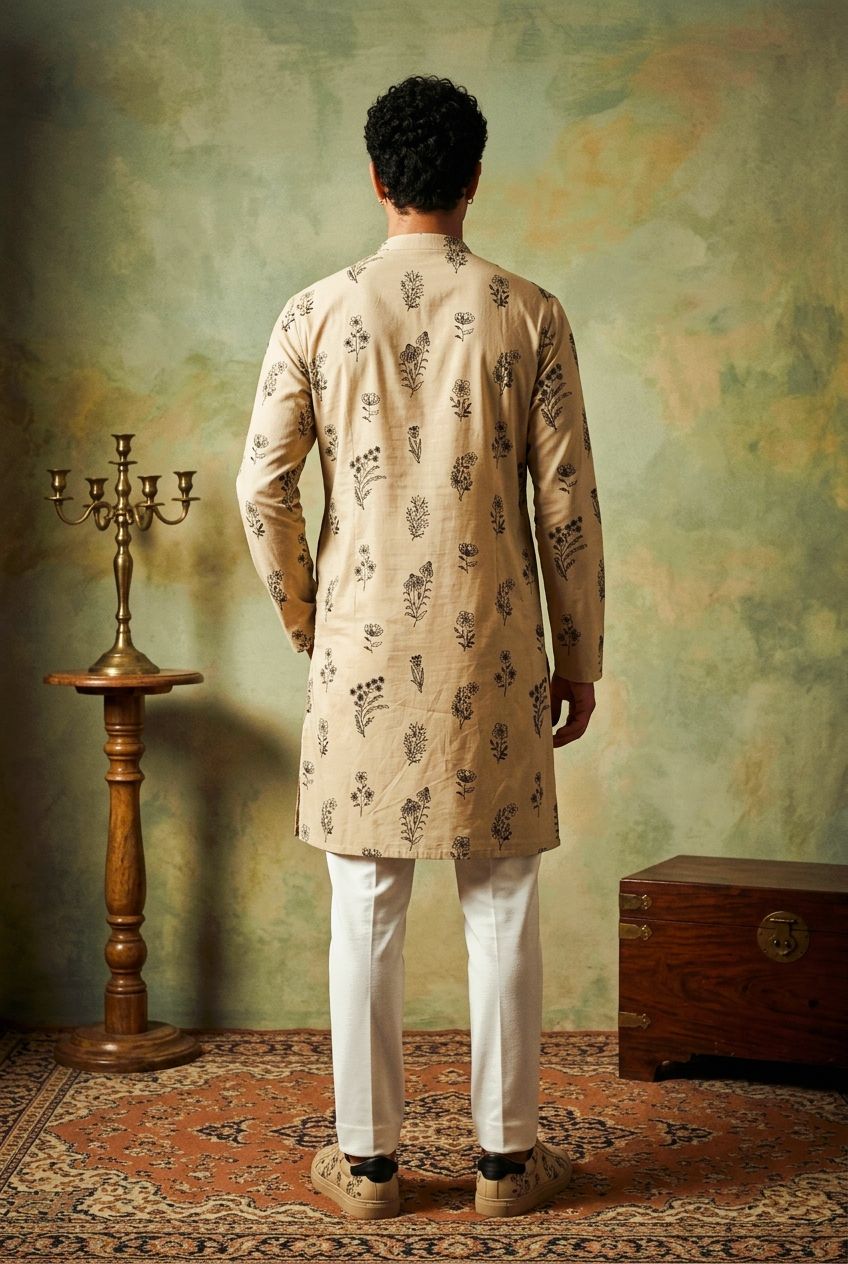 Cream Paisley Embroidery Roman Silk Kurta Pyjama — alternate view