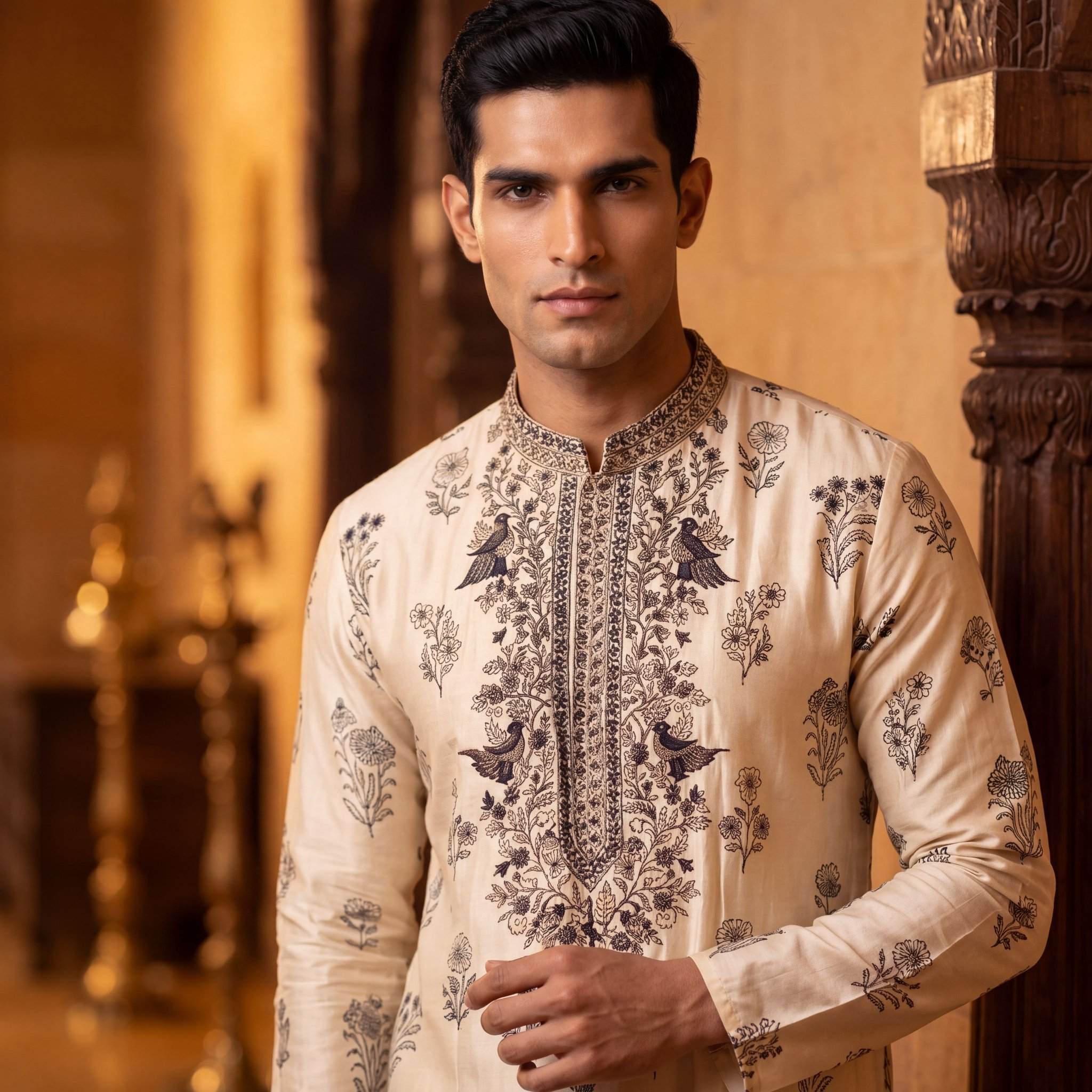 Cream Paisley Embroidery Roman Silk Kurta Pyjama