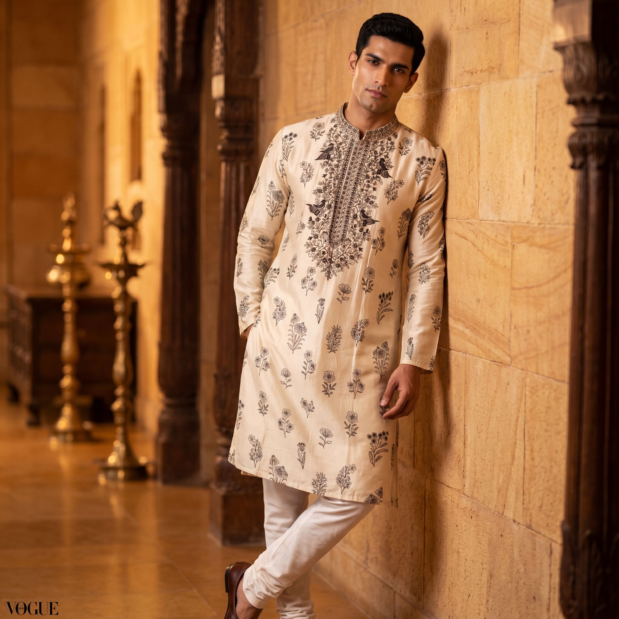 Cream Paisley Embroidery Roman Silk Kurta Pyjama