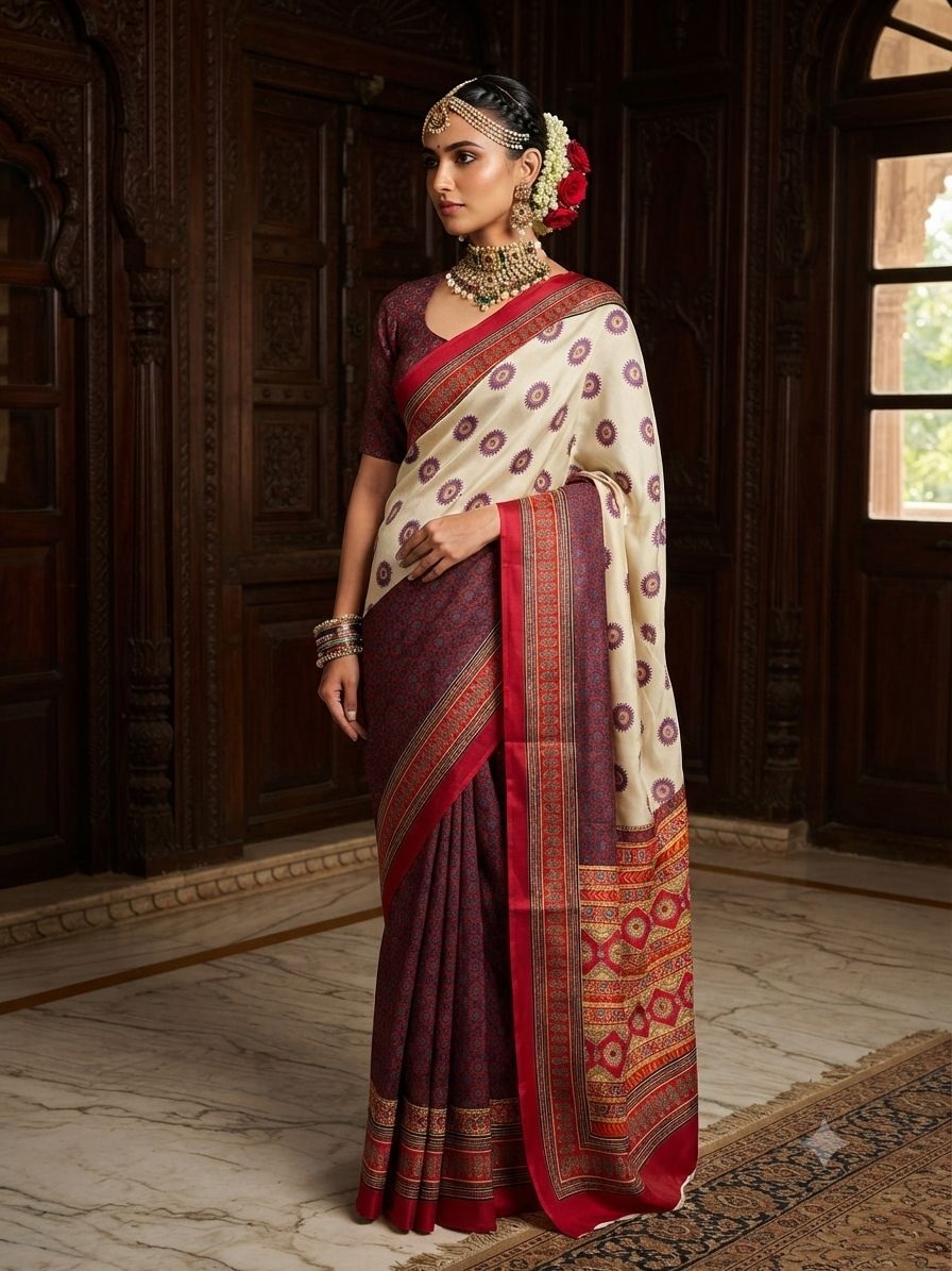 Cream Paisley Printed Crepe Silk Saree