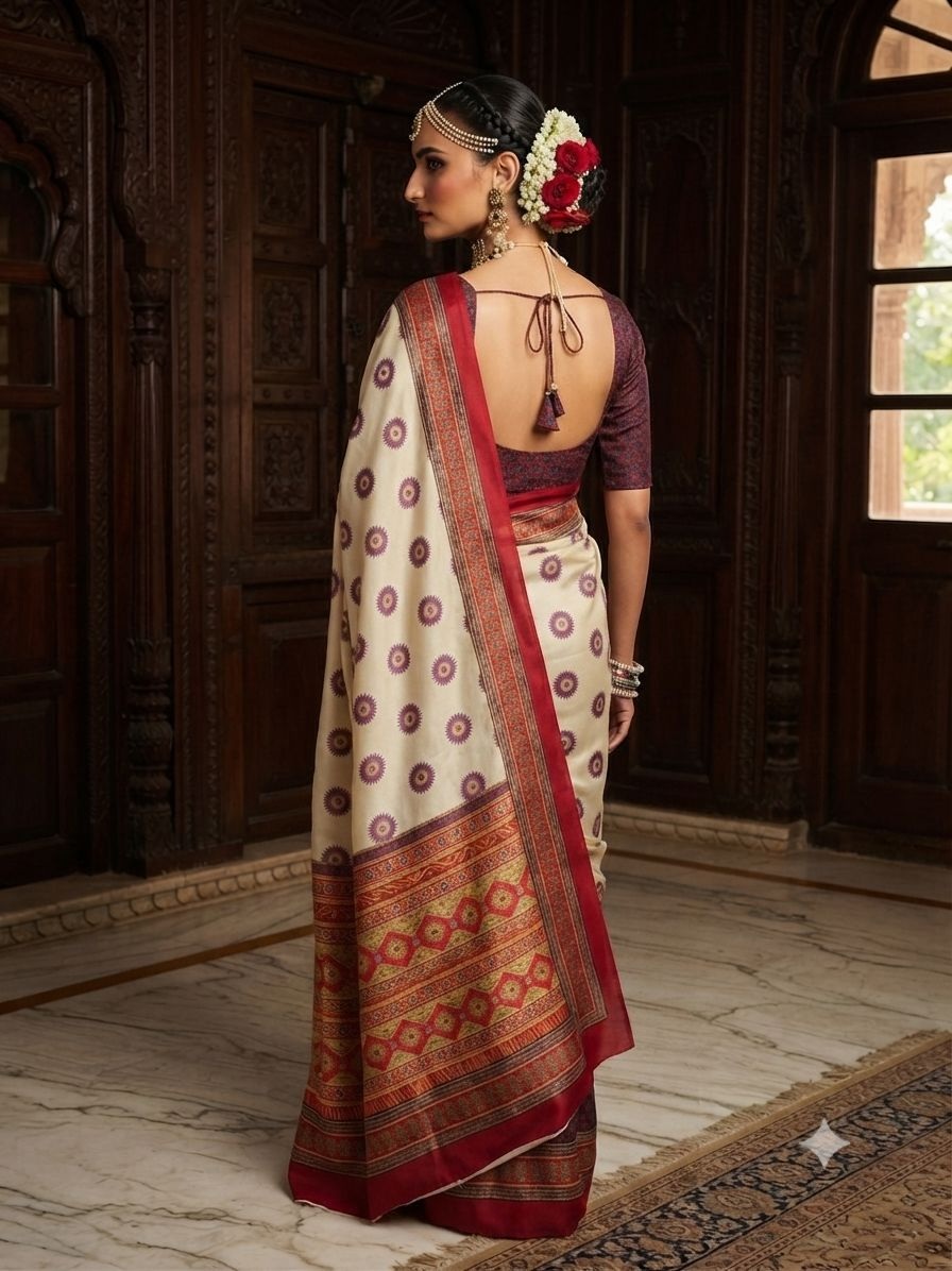 Cream Paisley Printed Crepe Silk Saree — alternate view