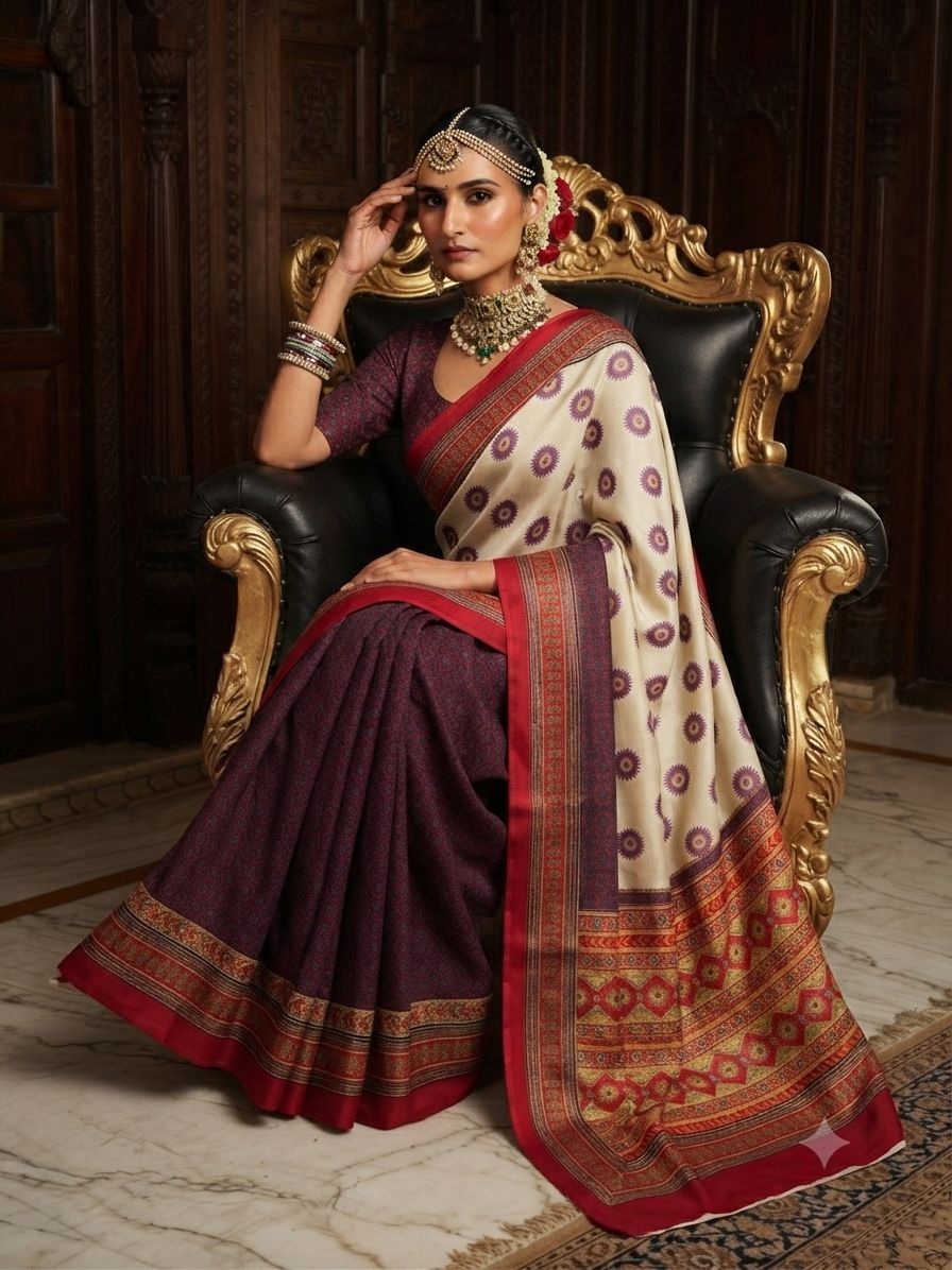 Cream Paisley Printed Crepe Silk Saree