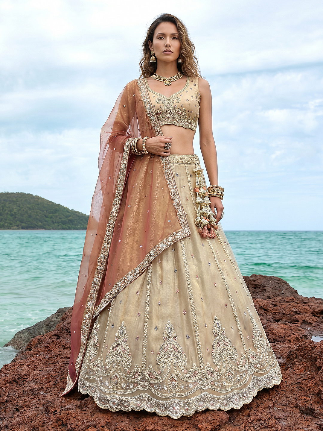 Cream Paisley Sequin Tissue Heritage Lehenga Choli
