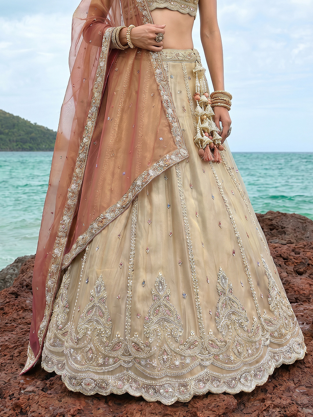 Cream Paisley Sequin Tissue Heritage Lehenga Choli