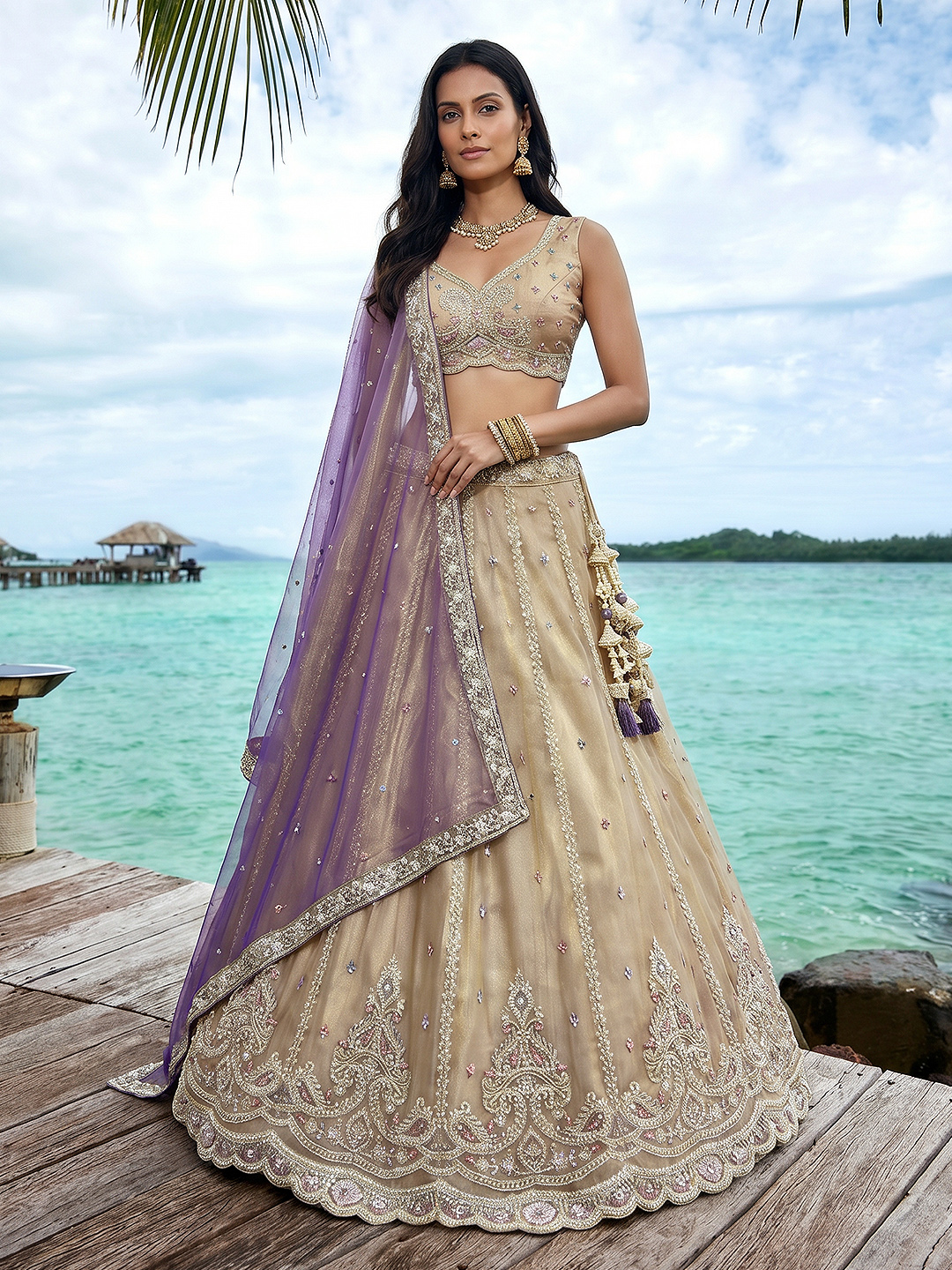 Cream Paisley Sequin Tissue Regal Lehenga Choli