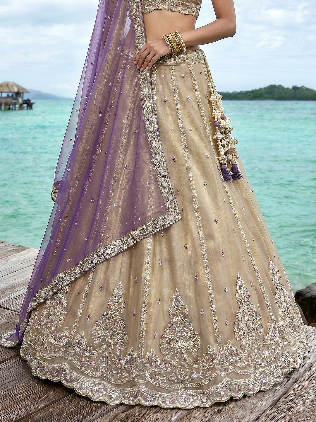 Cream Paisley Sequin Tissue Regal Lehenga Choli