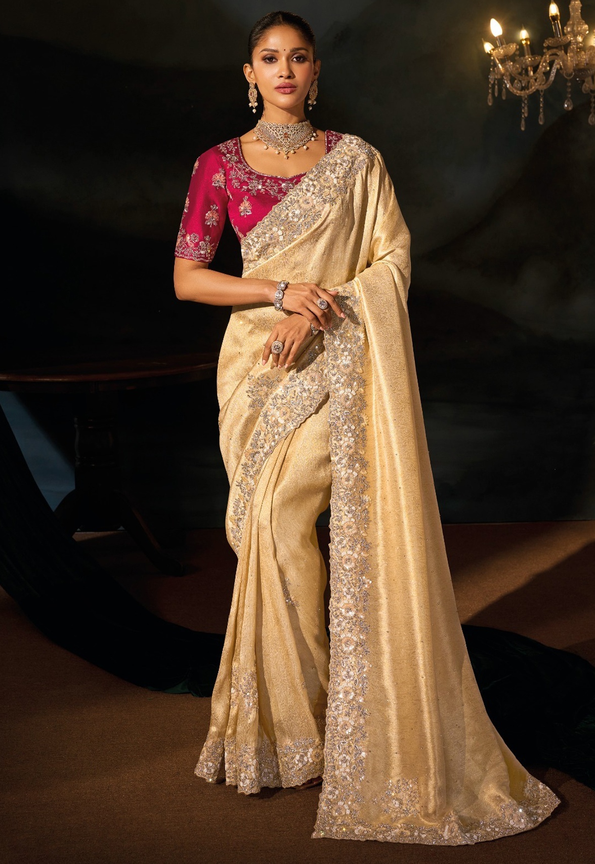 Cream Paisley Zari Sequins Kanjivaram Saree