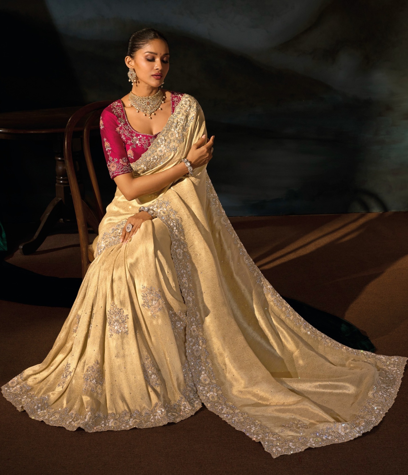 Cream Paisley Zari Sequins Kanjivaram Saree — alternate view