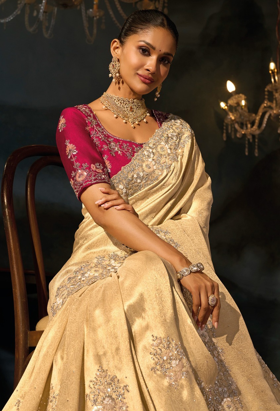 Cream Paisley Zari Sequins Kanjivaram Saree