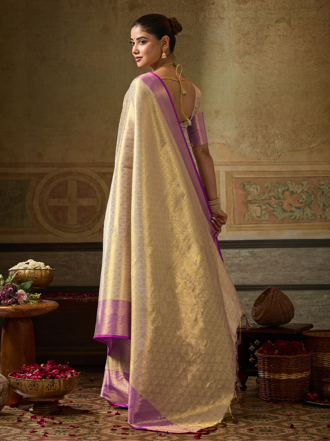Cream Paisley Zari Work Kanchivaram Silk Saree — alternate view