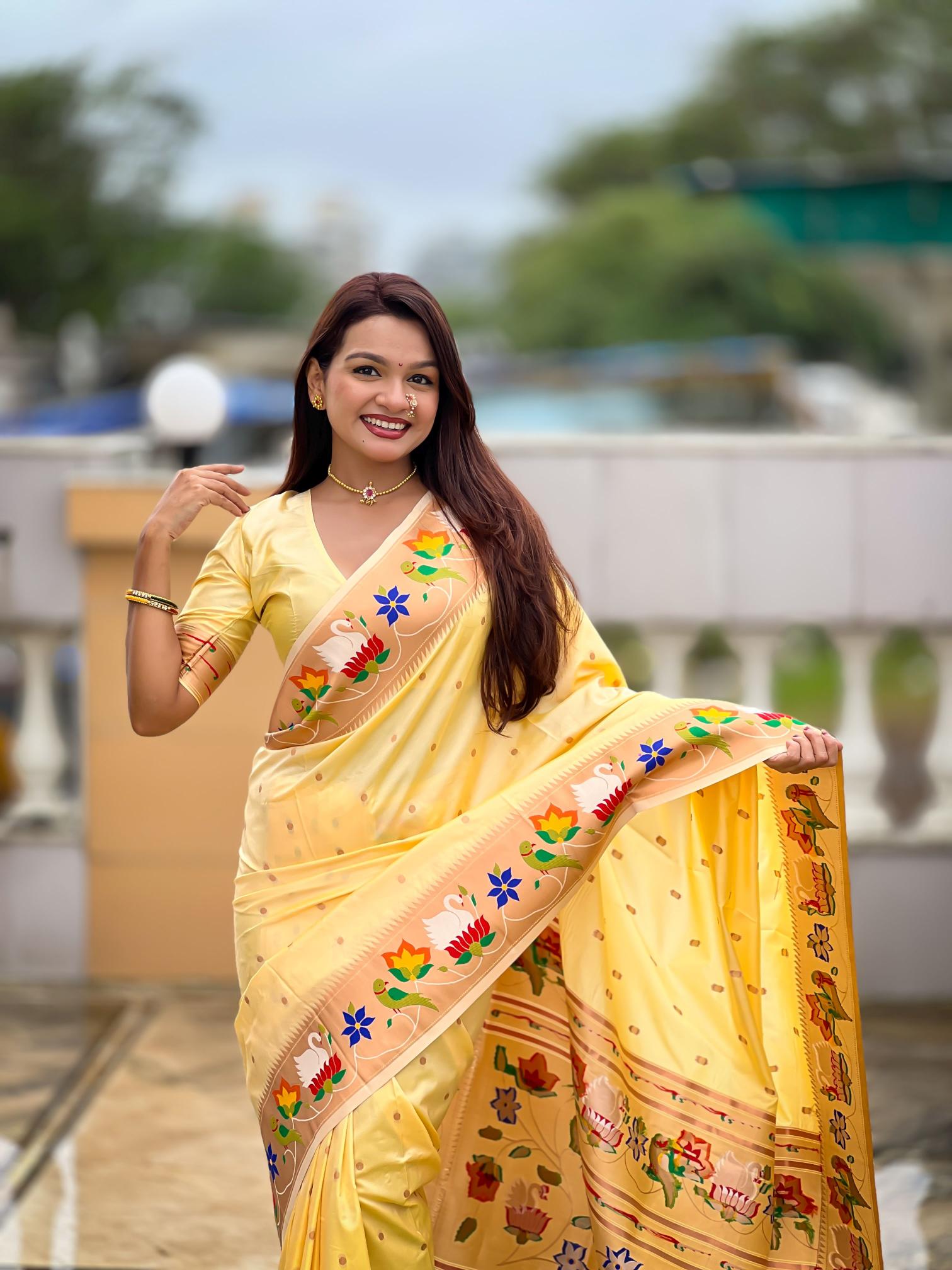 Cream Paithani Silk Saree
