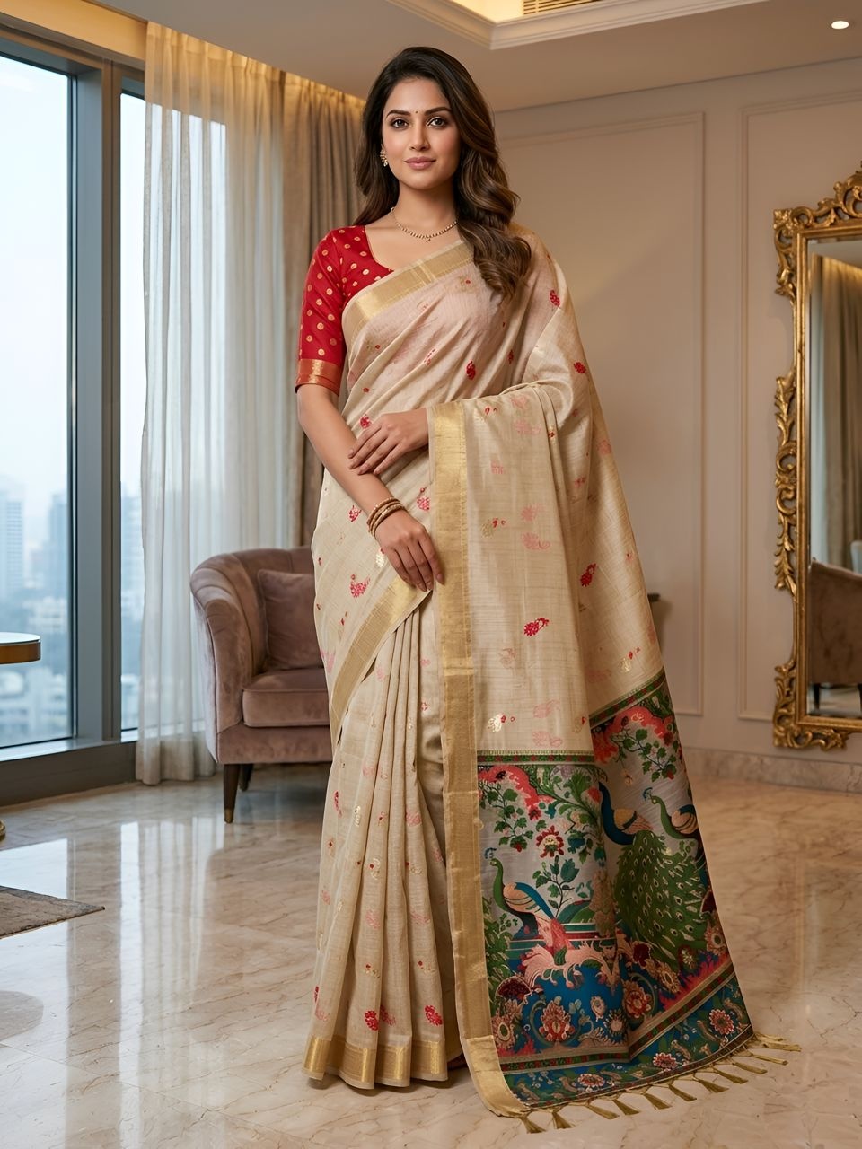 Cream Peacock Motif Cotton Saree