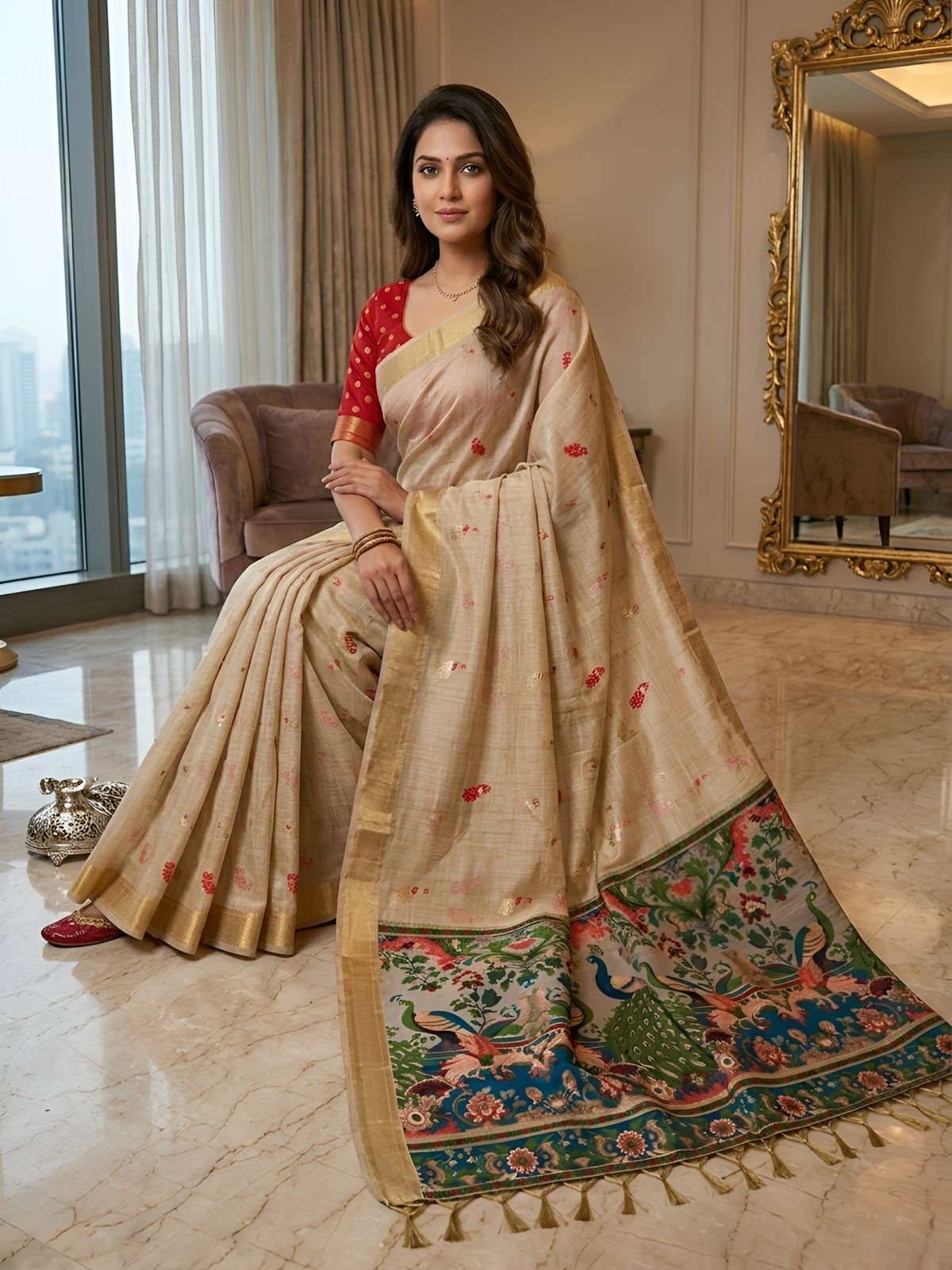 Cream Peacock Motif Cotton Saree — alternate view