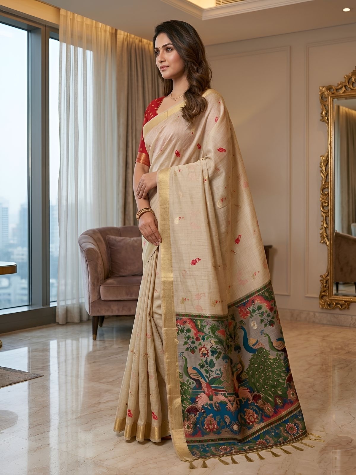 Cream Peacock Motif Cotton Saree