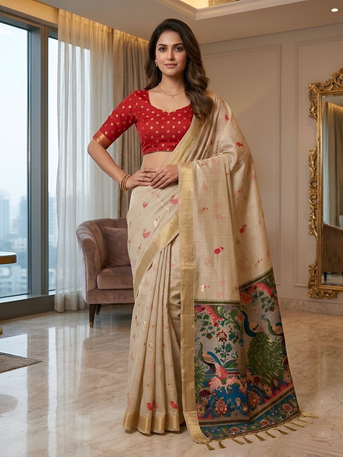 Cream Peacock Motif Cotton Saree