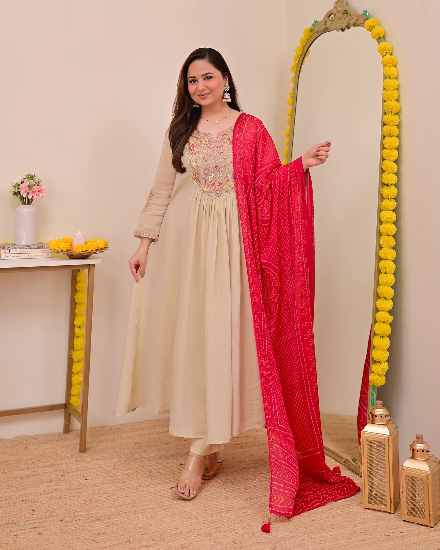 Cream Pink Chinon Printed Embroidered Salwar Suit
