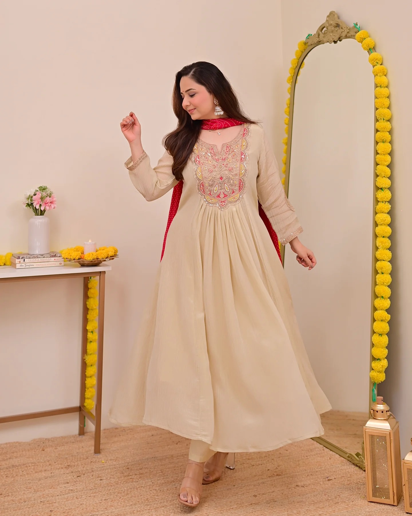 Cream Pink Chinon Printed Embroidered Salwar Suit — alternate view