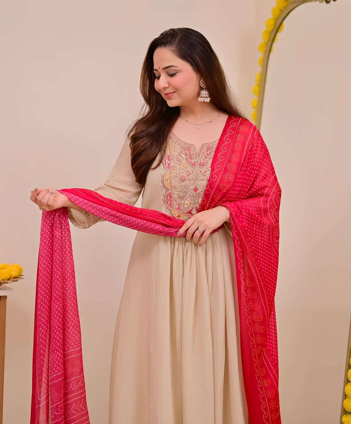 Cream Pink Chinon Printed Embroidered Salwar Suit