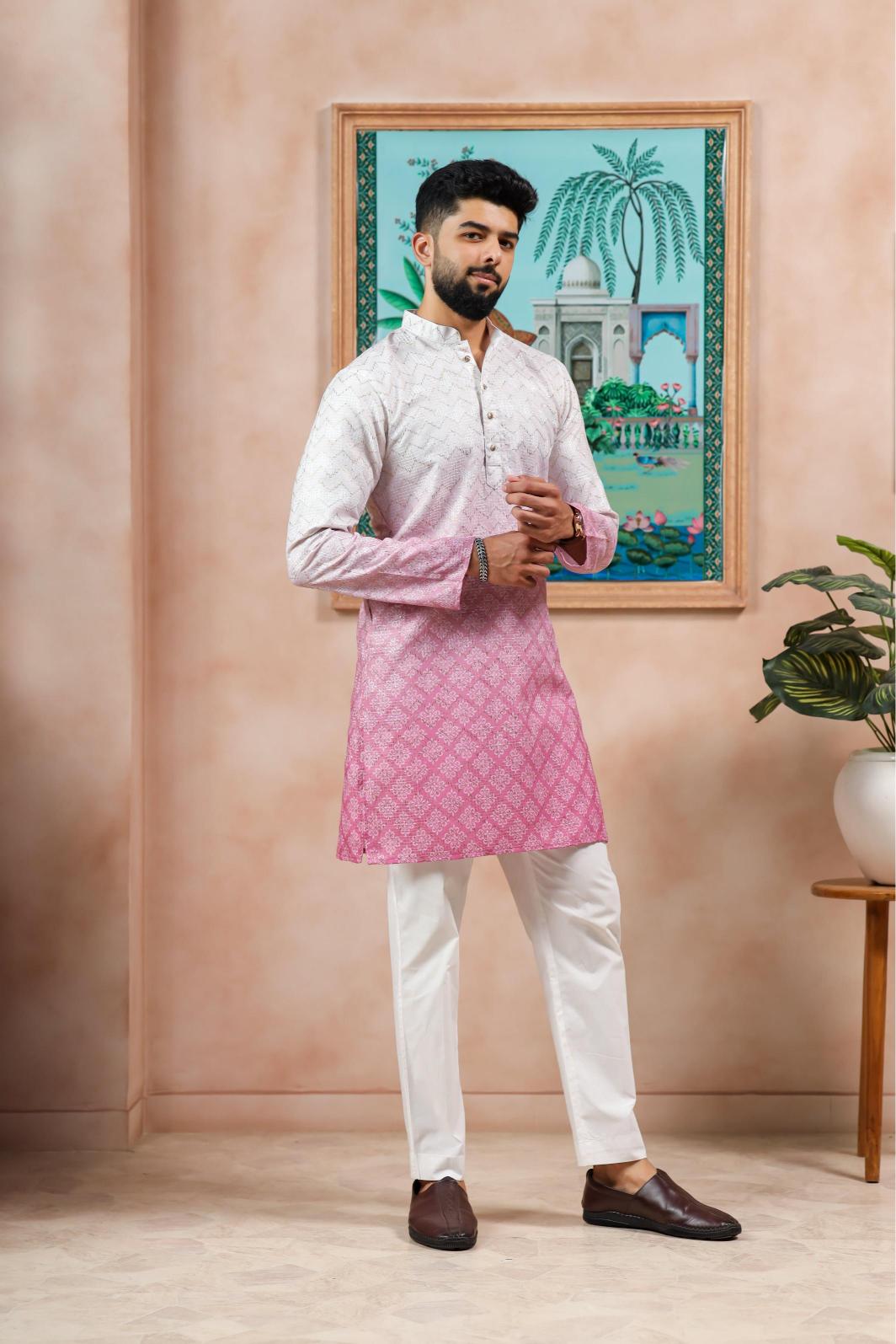 Cream-Pink Cotton Kurta Payjama