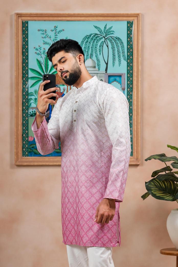 Cream-Pink Cotton Kurta Payjama — alternate view