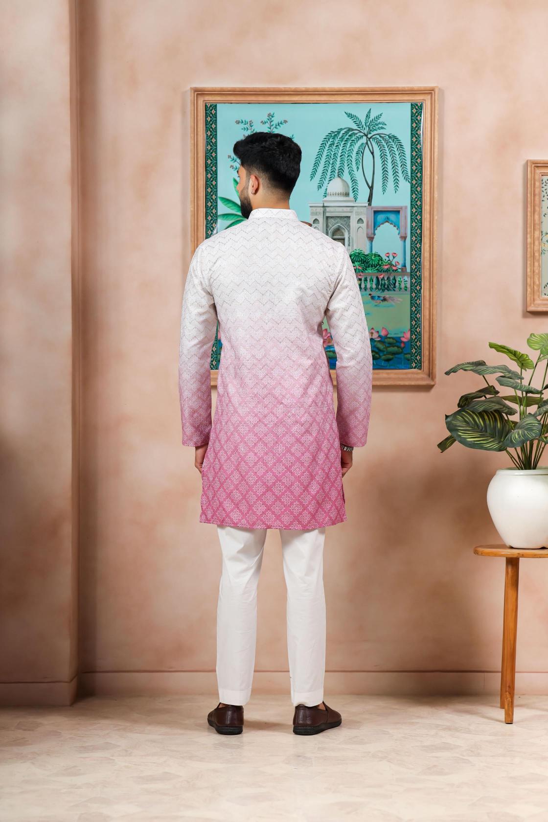 Cream-Pink Cotton Kurta Payjama