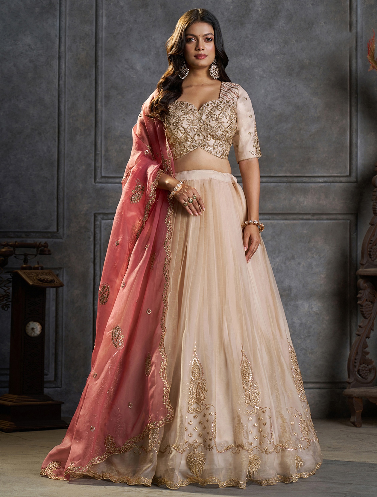 Cream Pink Designer Embroidery Organza Lehenga Choli