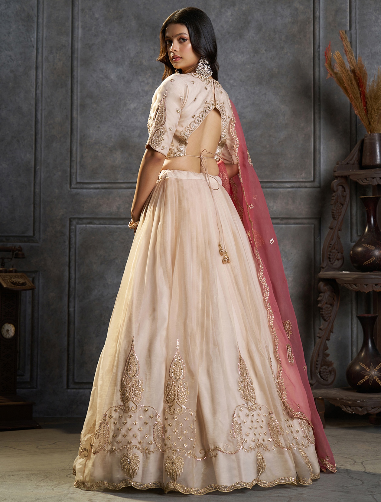 Cream Pink Designer Embroidery Organza Lehenga Choli — alternate view