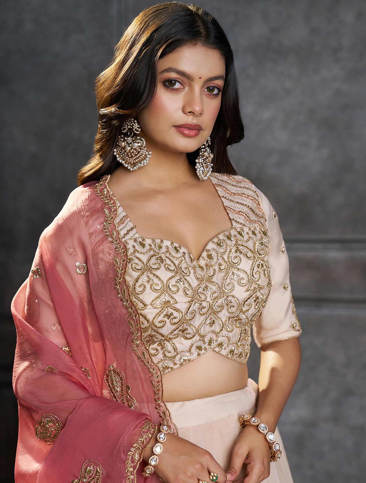 Cream Pink Designer Embroidery Organza Lehenga Choli